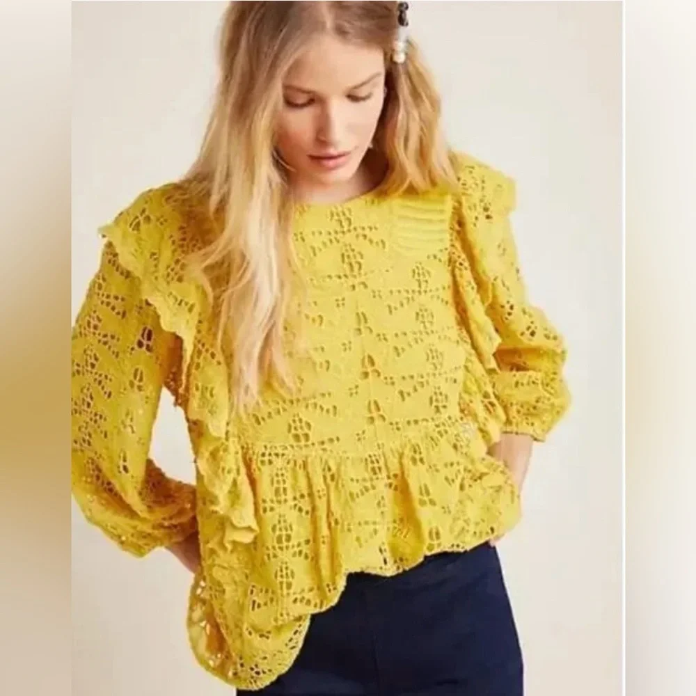 Anthropologie clementine Ruffled eyelet Blouse in vibrant mustard yellow size 4